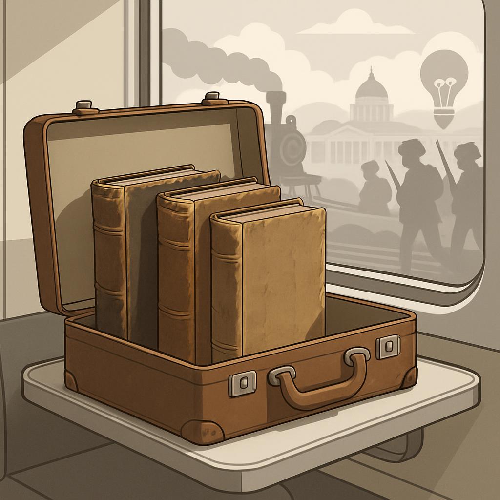 An illustration of a stack of books in a suitcase as viewed from the window of a train traveling through a historical, pos...